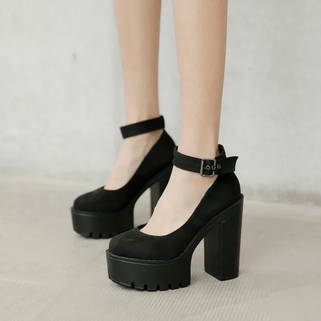 Black Platform Belt Buckle Chunky High Heels Black - Shop at LoveMi