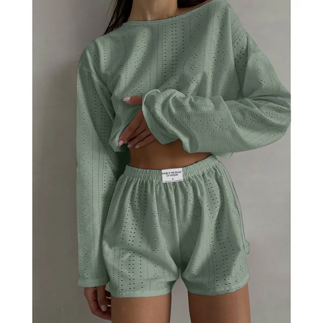 Hollow Long sleeved Suit With Loose Round neck Tops And Elastic Split Shorts Fashion Women's Clothing Green - Shop at LoveMi