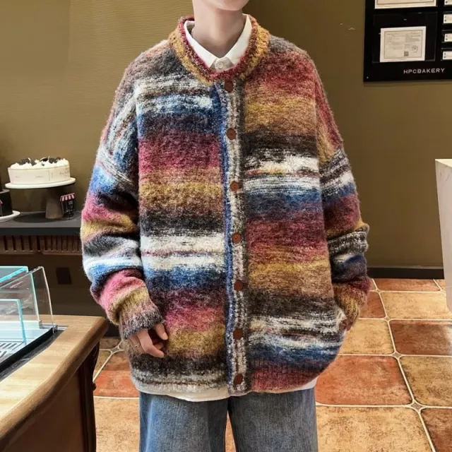 Vintage Rainbow Contrast Sweater Coat Red - Shop at LoveMi