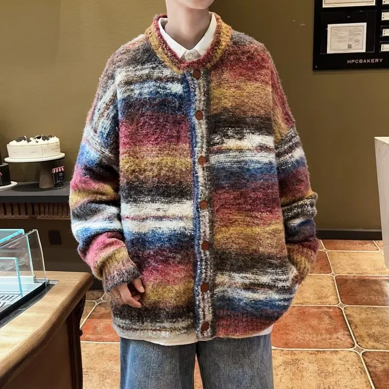 Vintage Rainbow Contrast Sweater Coat - Red