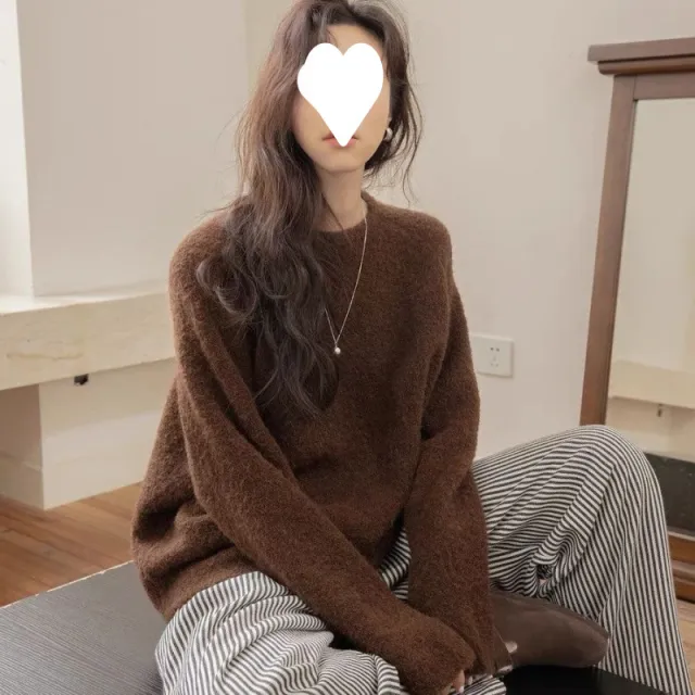 Color Round Neck Pullover Furry Vintage Wool Circle Yellow Sweater For Women Brown - Shop at LoveMi