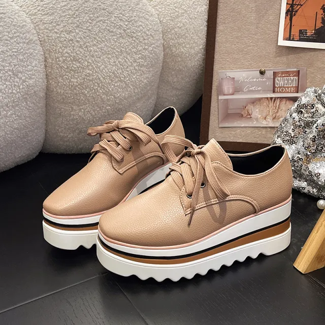 British Style Brogue Lace up Square Toe Platform Pumps Pink - Shop at LoveMi