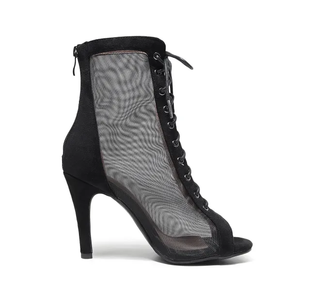 Ladies' Mesh Stiletto Lace Up Jazz Dance High Heel Hollow Out Ankle Boots Black - Shop at LoveMi