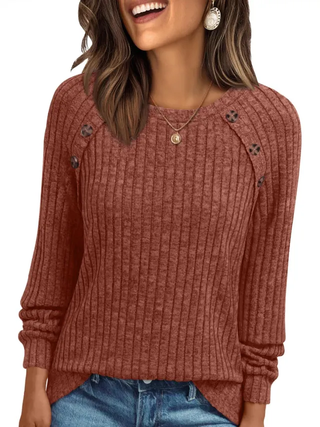 Round Neck Sunken Stripe Brushed Solid Color Top Long Sleeve Rouge Color - Shop at LoveMi