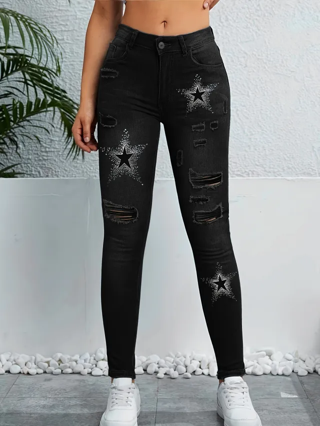 Stylish Ripped Distressed Color blocked Versatile Star print Skinny Denim Jeans Black - Shop at LoveMi