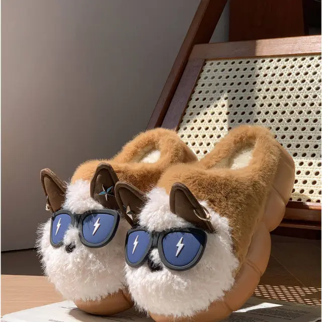 Women's Thick soled Non slip Cute Puppy Cotton Slippers Coffee - Shop at LoveMi