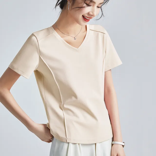Shoulder T shirt Mercerized Cotton Round Neck Bottoming Shirt V Siamese Apricot - Shop at LoveMi