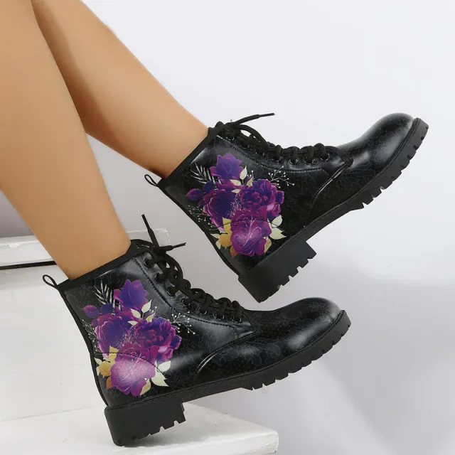 Autumn Casual Lace Up Ankle Boots Round Head Chunky Heel Boots Purple - Shop at LoveMi