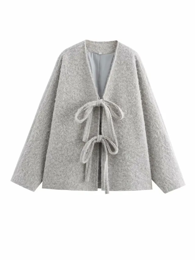 V neck Cardigan Fashion Casual Lace Up Woolen Coat Short Coat Gray - Shop at LoveMi