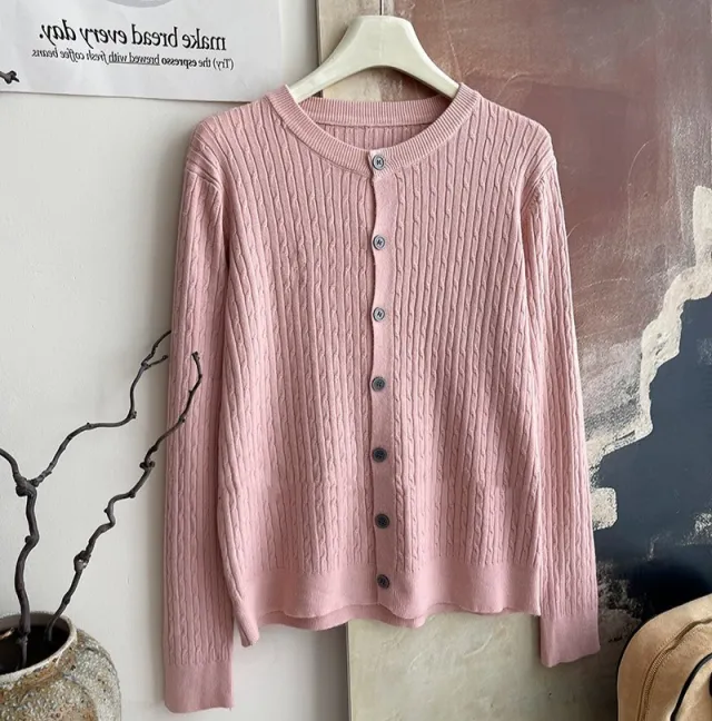Core spun Yarn Embroidery Twist Soft Glutinous Knitted Cardigan Top Pink - Shop at LoveMi