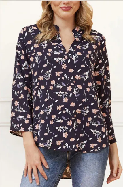 Casual Top Printed V neck Nine quarter Sleeve Women's T shirt Dark Blue - Shop at LoveMi
