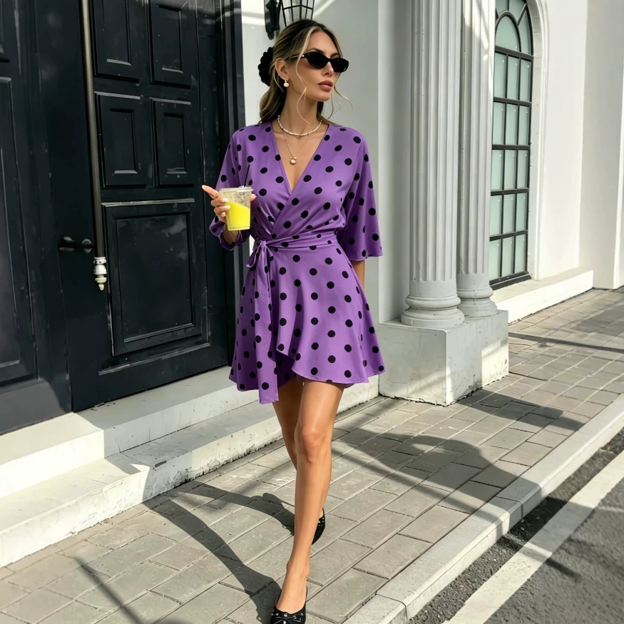 Womens Polka-dot Swing V-neck Dress