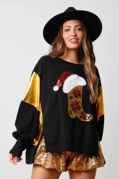 Autumn And Winter New European And American Christmas Sequins Long Sleeve Pullover Hoodie Women - Black - View 1