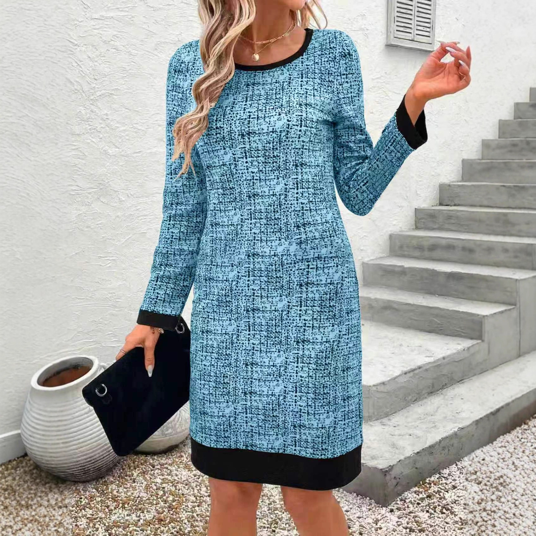 European And American-style Color-block Crew-neck Elegant And Chic Long-sleeve Womens Dress product image