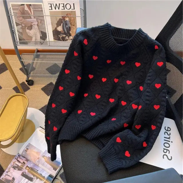 Heart Printing Cable knit Sweater Women Black - Shop at LoveMi