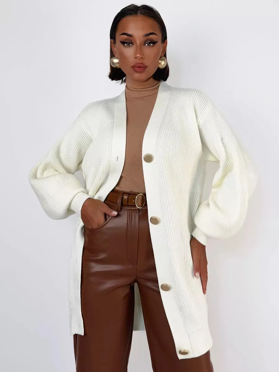 European And American Pure Color Casual Versatile Loose V-neck Early Autumn Knitted Cardigan - White