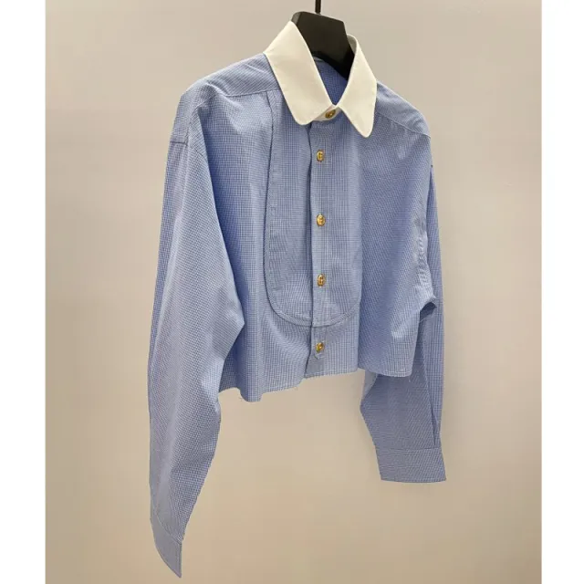 Womens New Blue Lapel Shirt A Niche Designer Style Short Top Blue - Shop at LoveMi