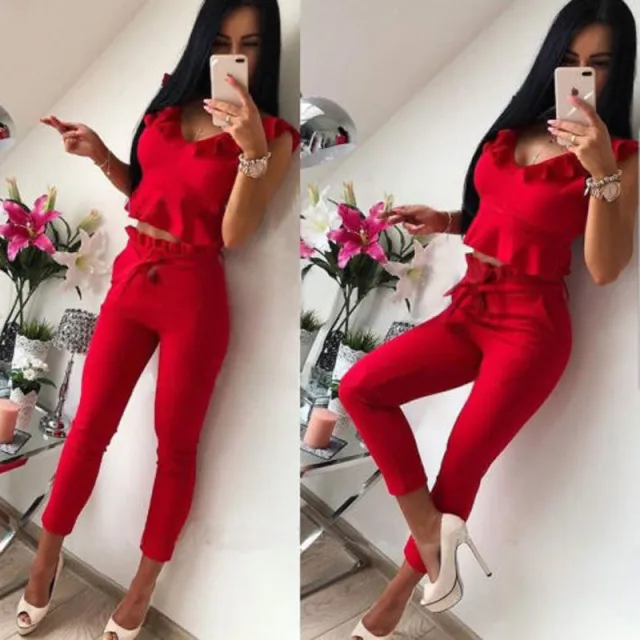 European And American Ladies Ruffled Sleeveless Top Solid Color Two piece Pants Red - Shop at LoveMi