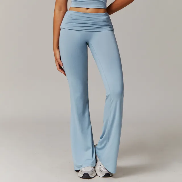 Wool Pleated Yoga Fold High Waist Running Sports Skinny Versatile Bell bottom Pants Women Haze Blue - Shop at LoveMi