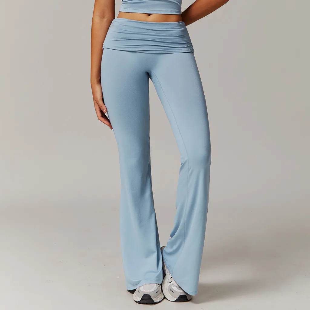Wool Pleated Yoga Fold High Waist Running Sports Skinny Versatile Bell-bottom Pants Women - Haze Blue