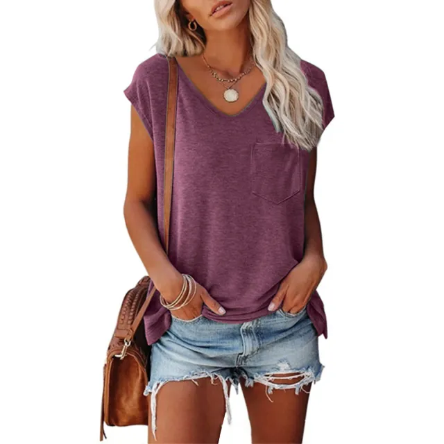Women's Solid Color Vest Pocket V neck Short sleeved T shirt With Shoulder Purplish Red - Shop at LoveMi