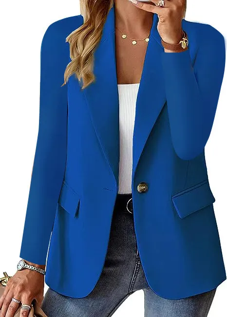 Ins Lapel Button Jacket Fashion Commuter Casual Suit Jacket Women's Long-sleeved Tops Outwear Clothing - Blue