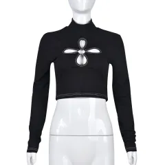 Slim-fit Four-leaf Hollow-out Solid-color Long-sleeve T-shirt - Black - View 1