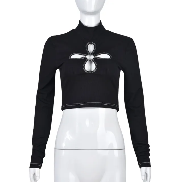Slim fit Four leaf Hollow out Solid color Long sleeve T shirt Black - Shop at LoveMi