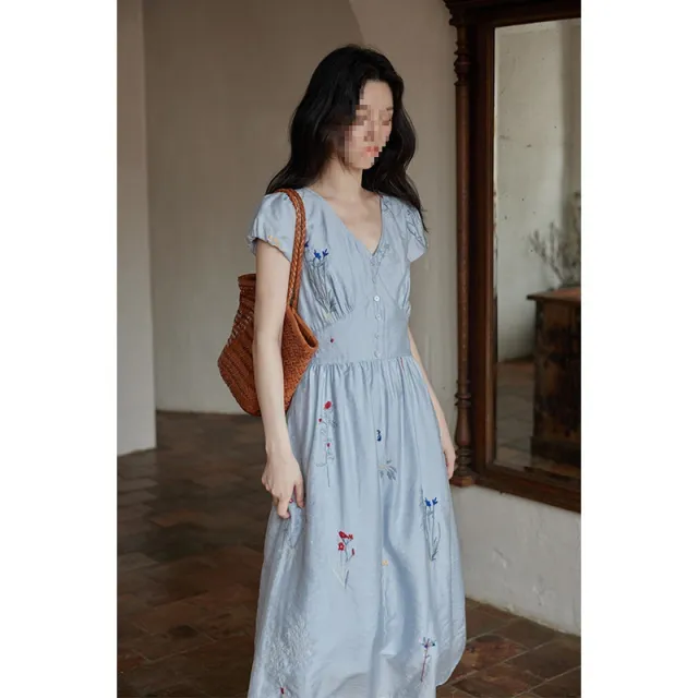 Embroidered Crew Neck Short Sleeve Slimming Waist Temperament Long Dress Blue - Shop at LoveMi