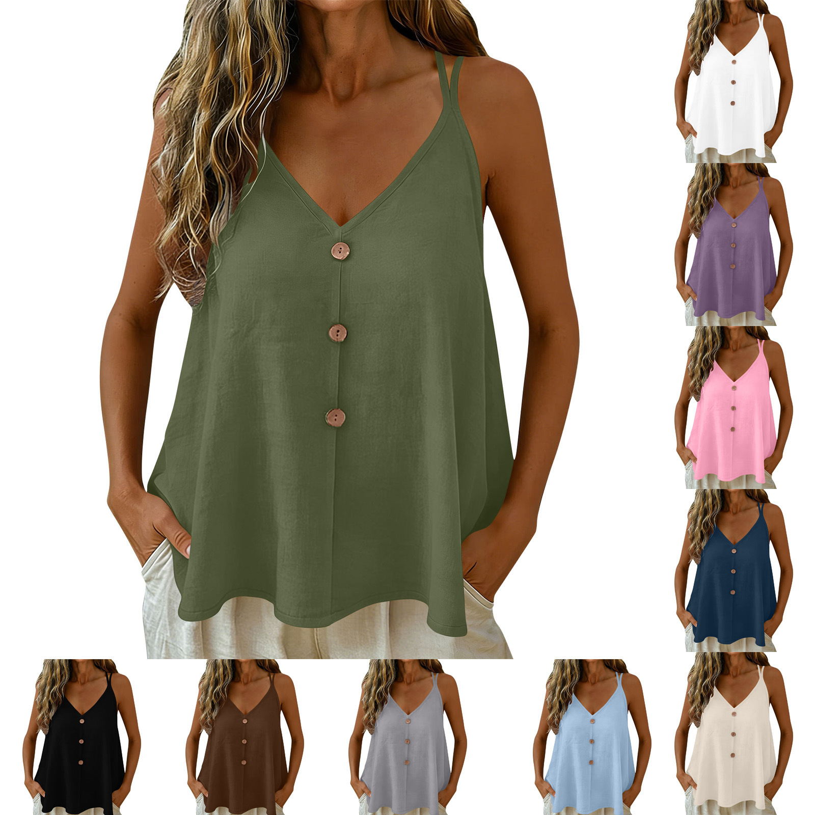 Womens Solid-color Vest With Adjustable Straps And Decorative Buttons