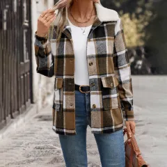 All Match Retro Style Brushed Lapel Plaid Coat For Women - Khaki - View 1