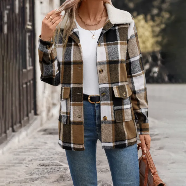 All Match Retro Style Brushed Lapel Plaid Coat For Women Khaki - Shop at LoveMi