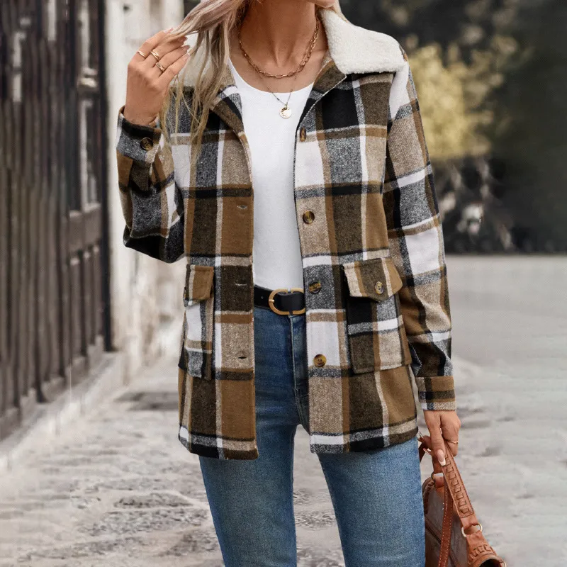 All Match Retro Style Brushed Lapel Plaid Coat For Women - Khaki