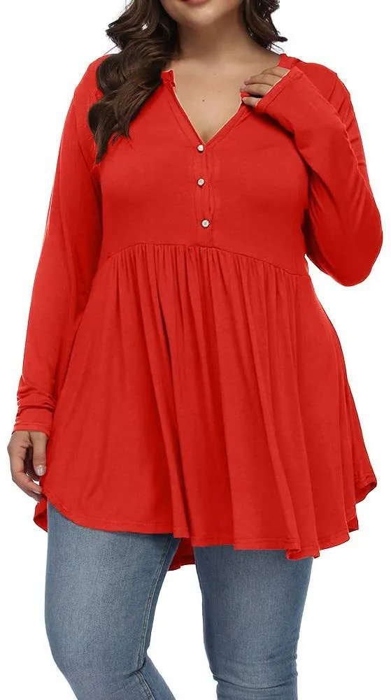 V neck Buttons Pleated Long Sleeve Plus Size T shirt Rose Red - Shop at LoveMi