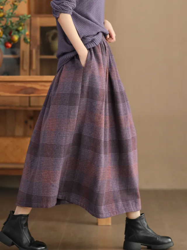 Women's Wool Skirt Yarn dyed Plaid Warm A Line Purple - Shop at LoveMi