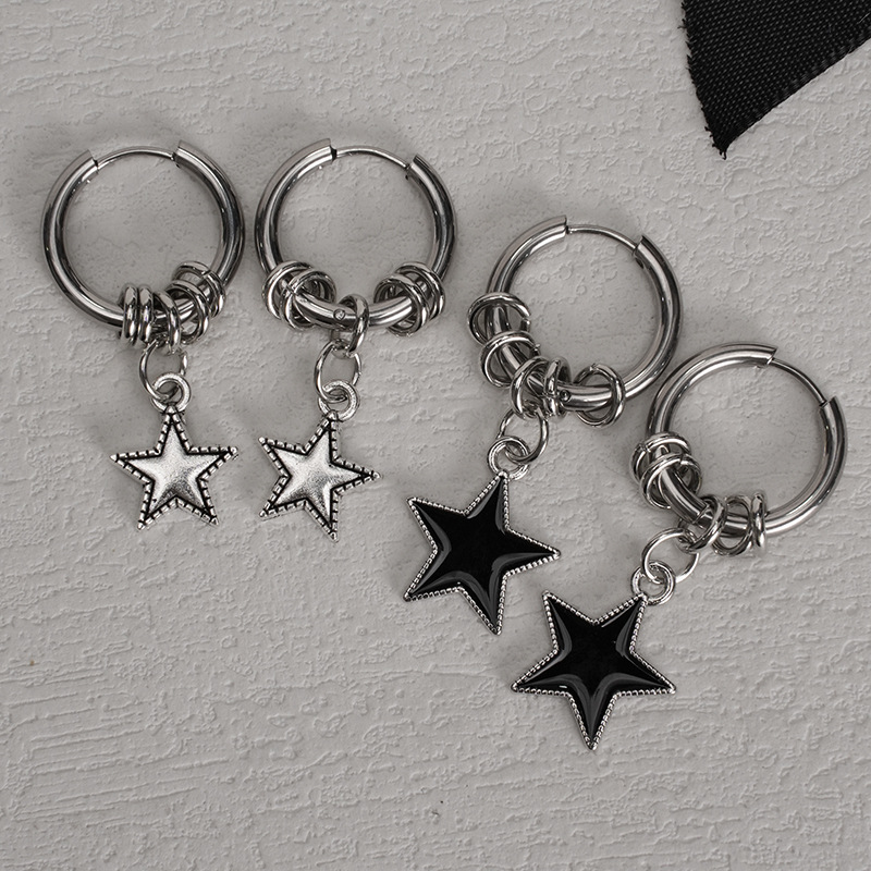 Punk-style Stainless Steel Double-circle Ear Cuffs With A Five-pointed Chic Minimalist Star Pendant Earrings