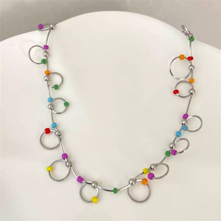 Hot Girl Color Beaded Ring Clavicle Chain Female