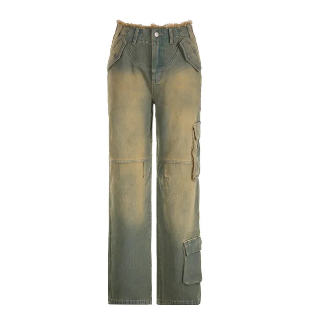 Women's Asymmetric Retro Raw Hem Jeans Straight leg Overalls Blue - Shop at LoveMi