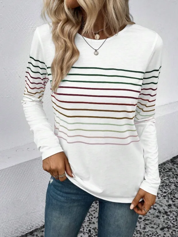 European And American Fashion Striped Printed Round Neck Long Sleeve Women White - Shop at LoveMi
