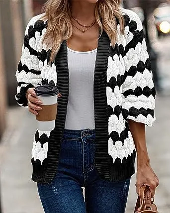 Loose Twisted Knitted Winter Sweater Coat Black With White - Shop at LoveMi