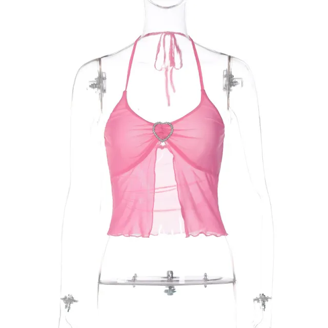 's Sexy Pink Mesh Stitching Chest wrapped Halter Vest Pink - Shop at LoveMi