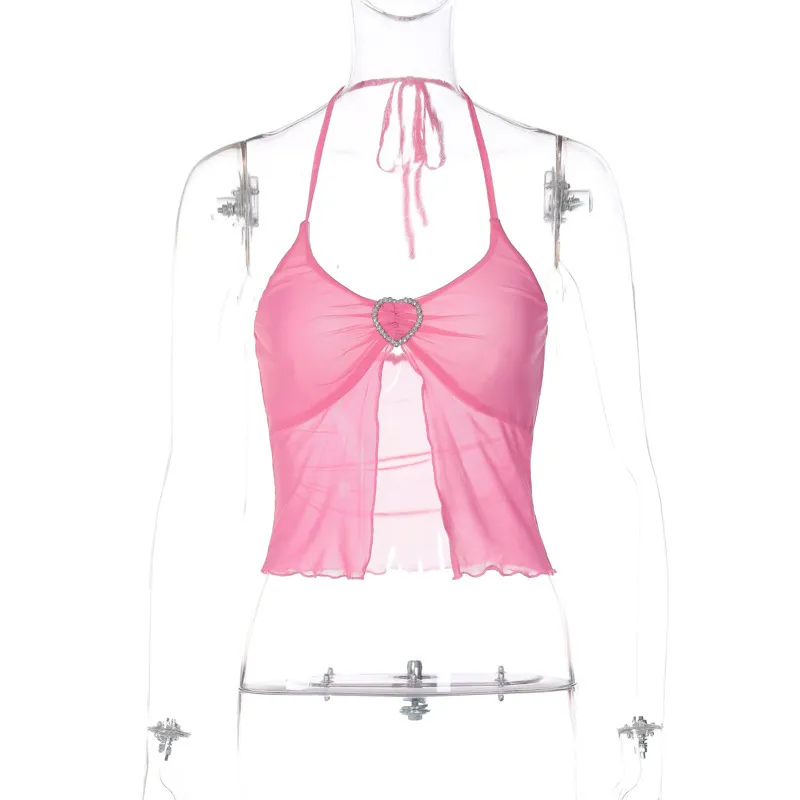 's Sexy Pink Mesh Stitching Chest-wrapped Halter Vest - Pink