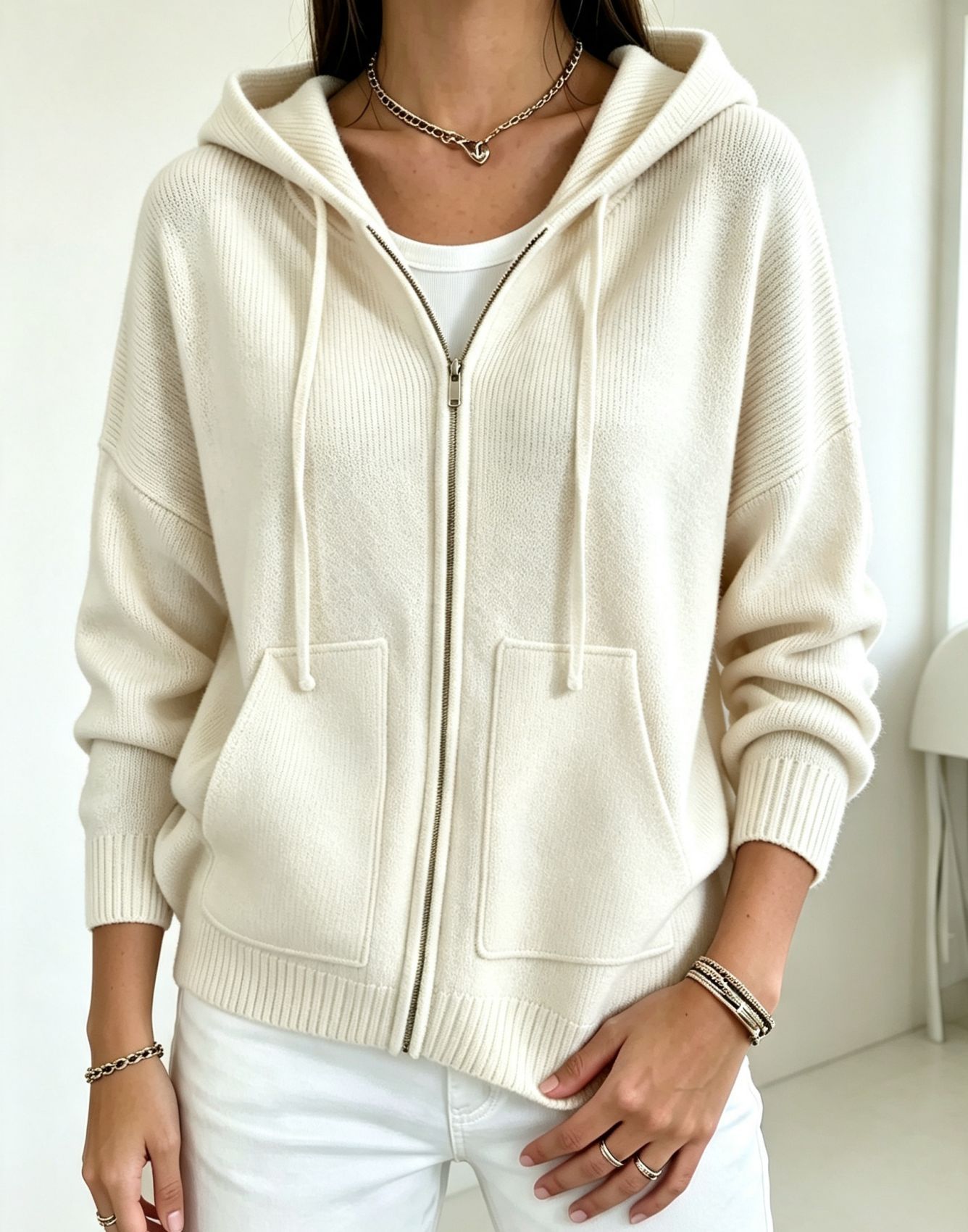 Solid-color Hooded Zip-up Loose-fit Knit Cardigan For Women 10