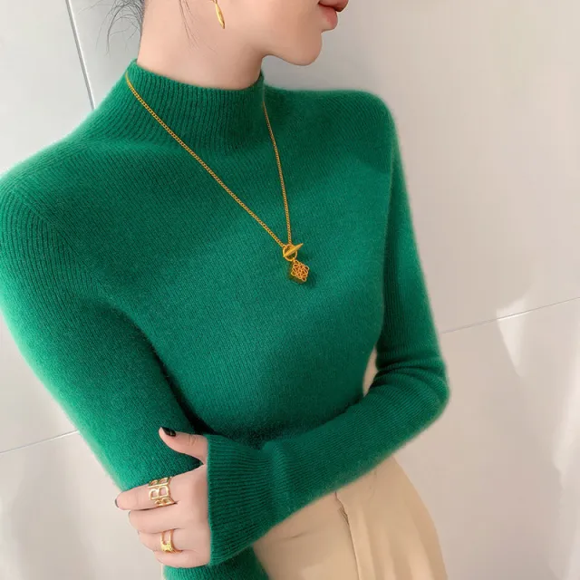Seamless Half Turtleneck Cashmere Autumn And Winter Simplicity Slim Top Grass Green - Shop at LoveMi