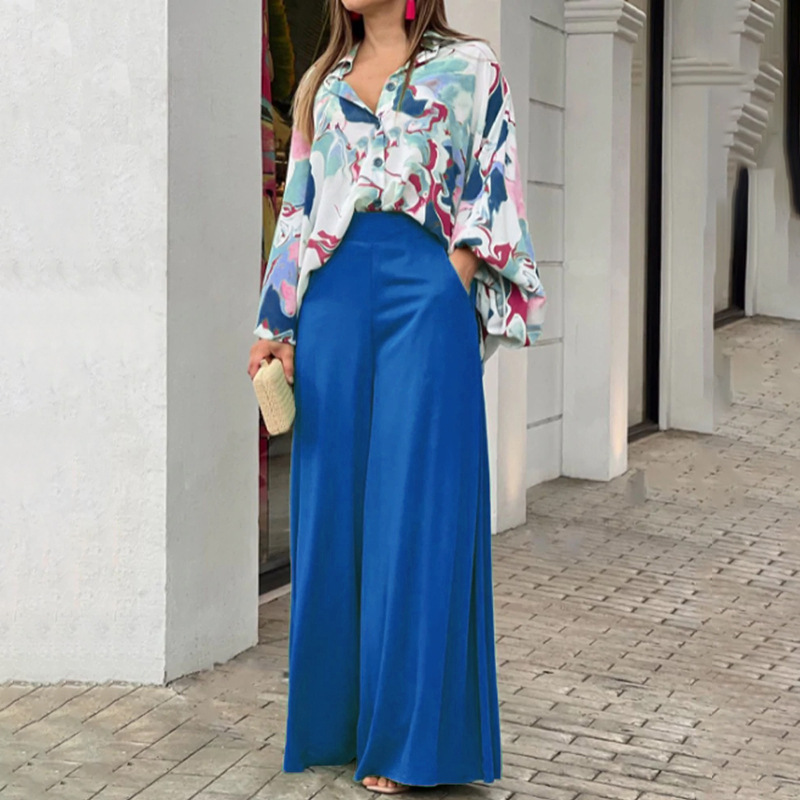 Loose And Elegant Casual Printed Shirt Top Wide Leg Pants Fashion Suit - Image 2
