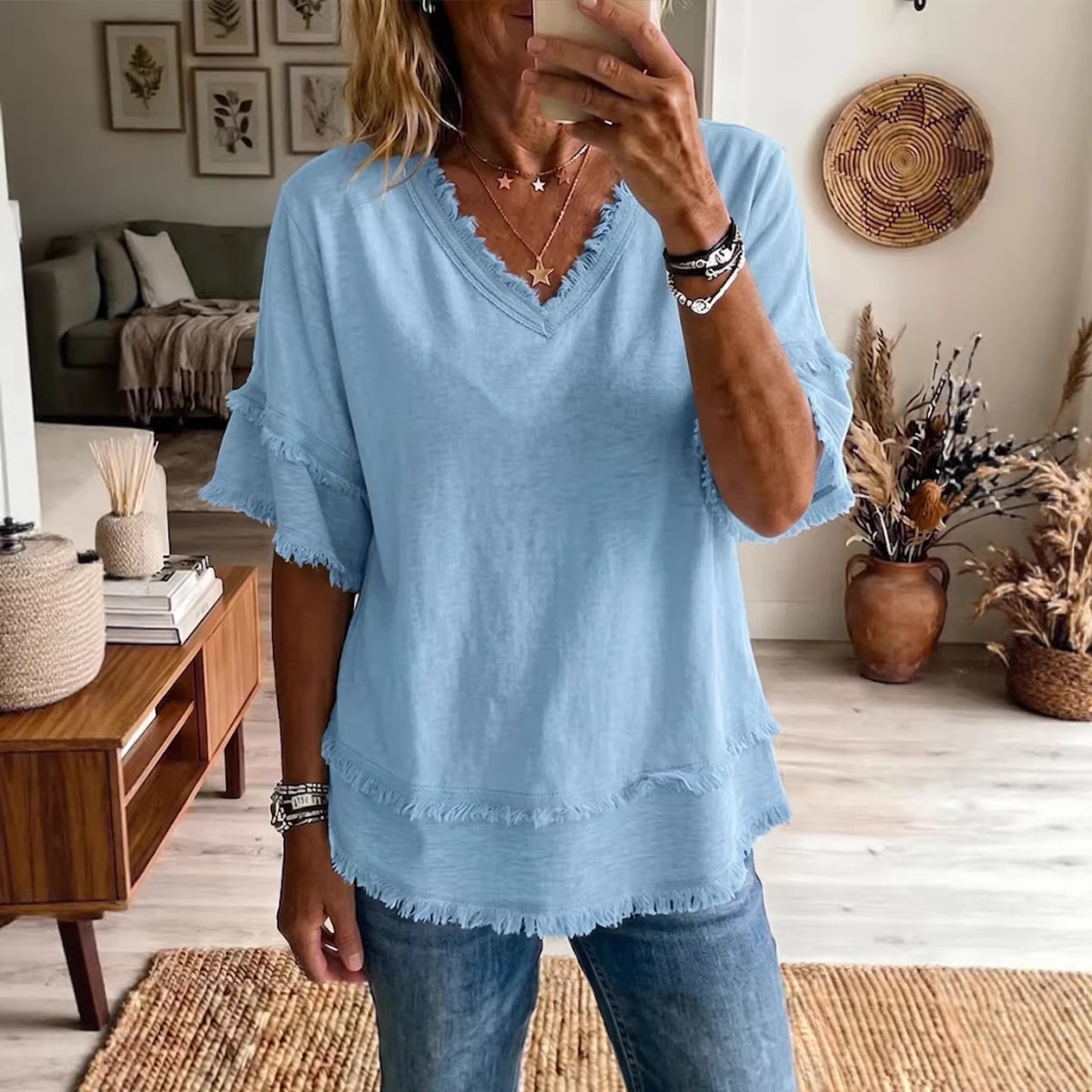 Women's V-Neck Pullover Short-Sleeve Loose Shirt 2