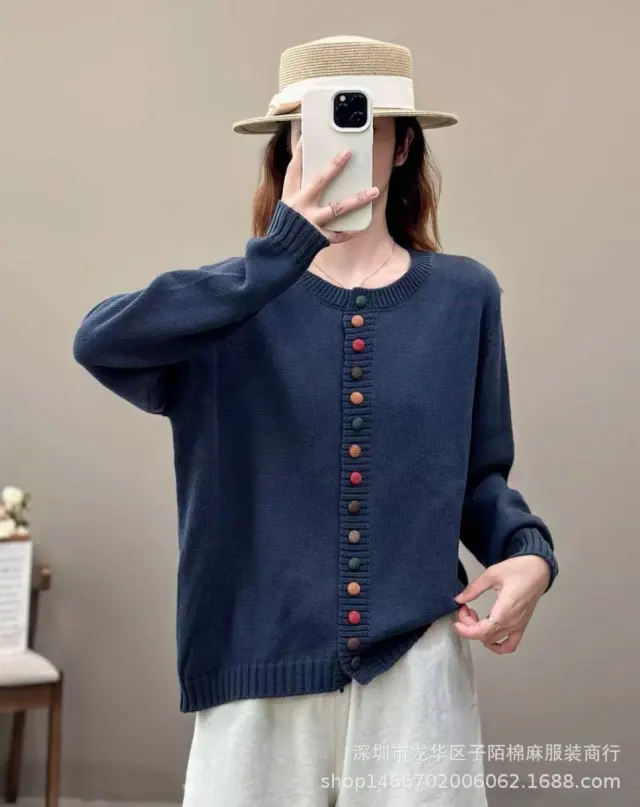 Women's Cotton Knitted Cardigan With Color Buckle Fashion Loose Dark Blue - Shop at LoveMi