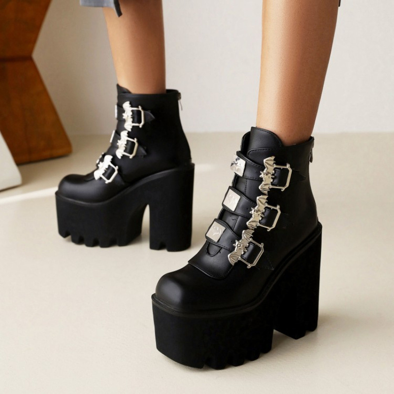 Low-cut Leather Boots Round Toe Patent Leather High Heel Thick Sole