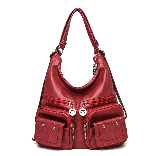 Women's Large Capacity Soft Leather Textured Shoulder Bag Red - Shop at LoveMi