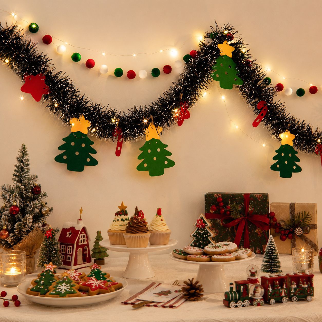 DIY Felt Christmas Ornament Light Strip (Red Bow)